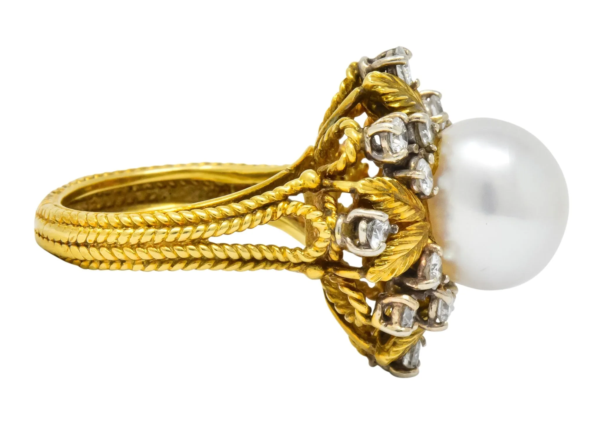 Retro 0.95 CTW Diamond South Sea Pearl 18 Karat Gold Cluster Ring