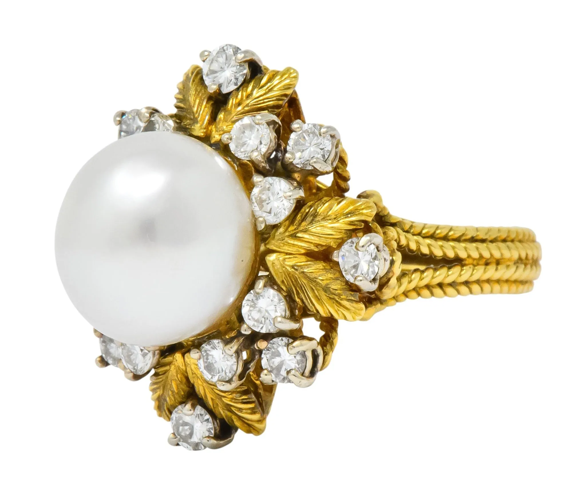 Retro 0.95 CTW Diamond South Sea Pearl 18 Karat Gold Cluster Ring
