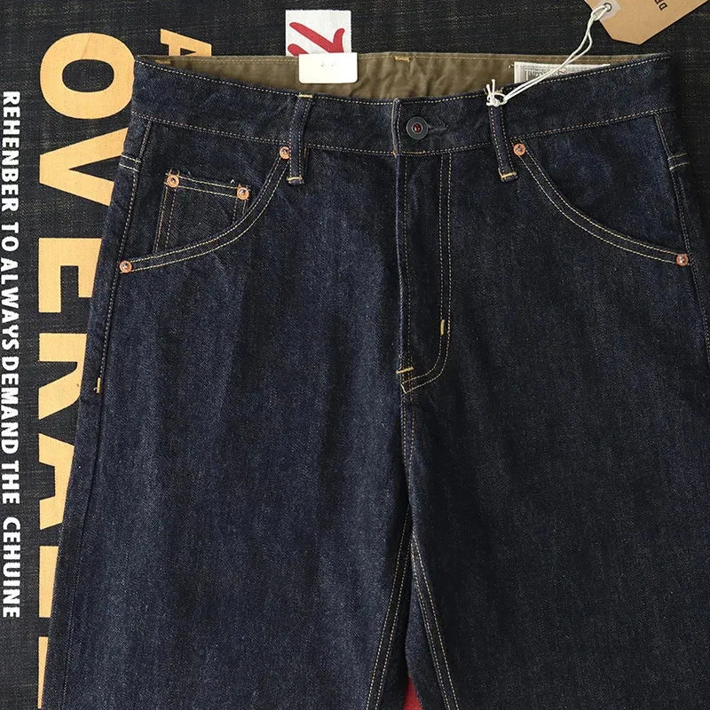 Retro 14OZ Primary Color Red Ear Denim Jeans: Trendy 100% Cotton Washed Old Heavyweight Straight Pants