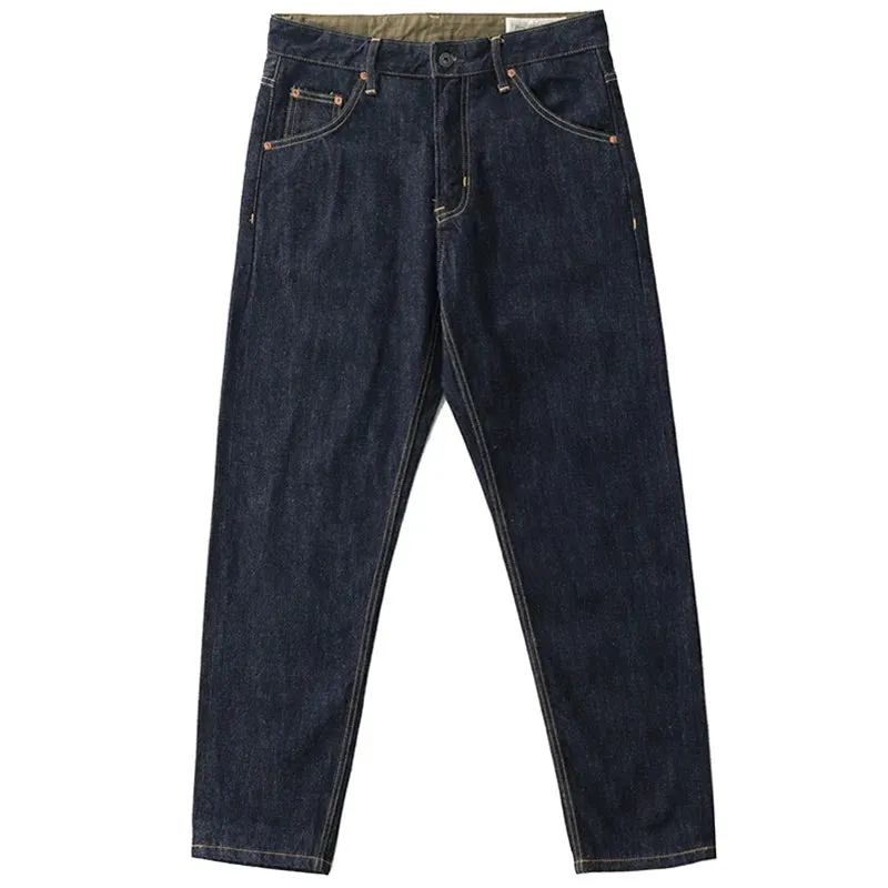 Retro 14OZ Primary Color Red Ear Denim Jeans: Trendy 100% Cotton Washed Old Heavyweight Straight Pants