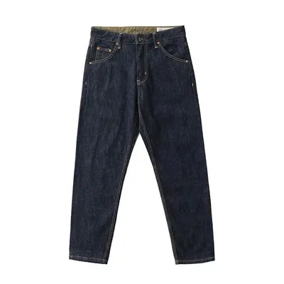 Retro 14OZ Primary Color Red Ear Denim Jeans: Trendy 100% Cotton Washed Old Heavyweight Straight Pants