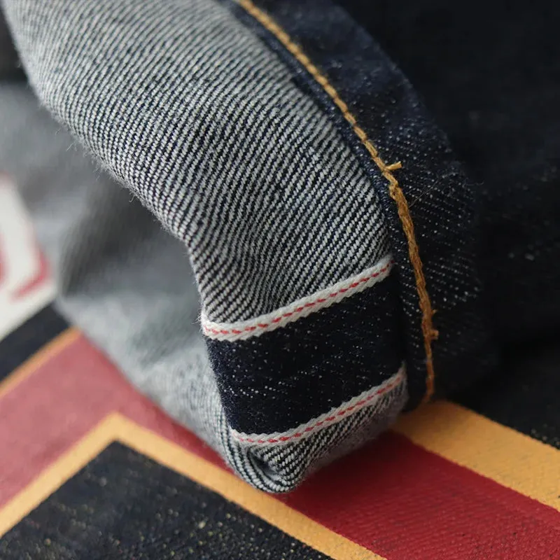 Retro 14OZ Primary Color Red Ear Denim Jeans: Trendy 100% Cotton Washed Old Heavyweight Straight Pants