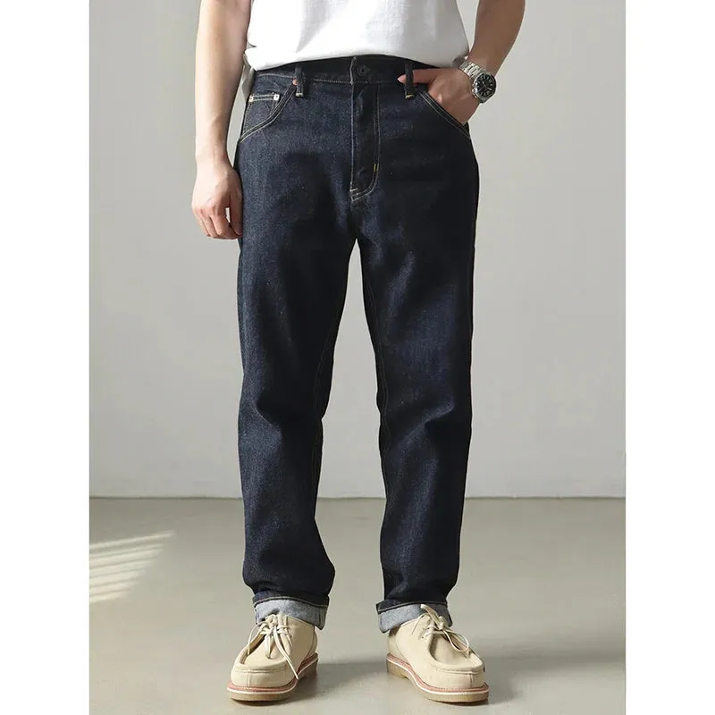 Retro 14OZ Primary Color Red Ear Denim Jeans: Trendy 100% Cotton Washed Old Heavyweight Straight Pants
