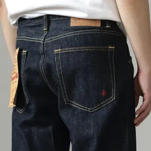 Retro 14OZ Primary Color Red Ear Denim Jeans: Trendy 100% Cotton Washed Old Heavyweight Straight Pants