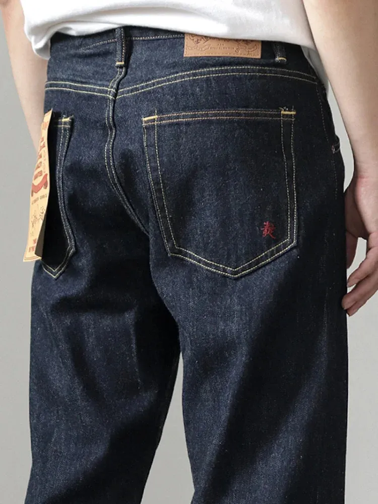 Retro 14OZ Primary Color Red Ear Denim Jeans: Trendy 100% Cotton Washed Old Heavyweight Straight Pants