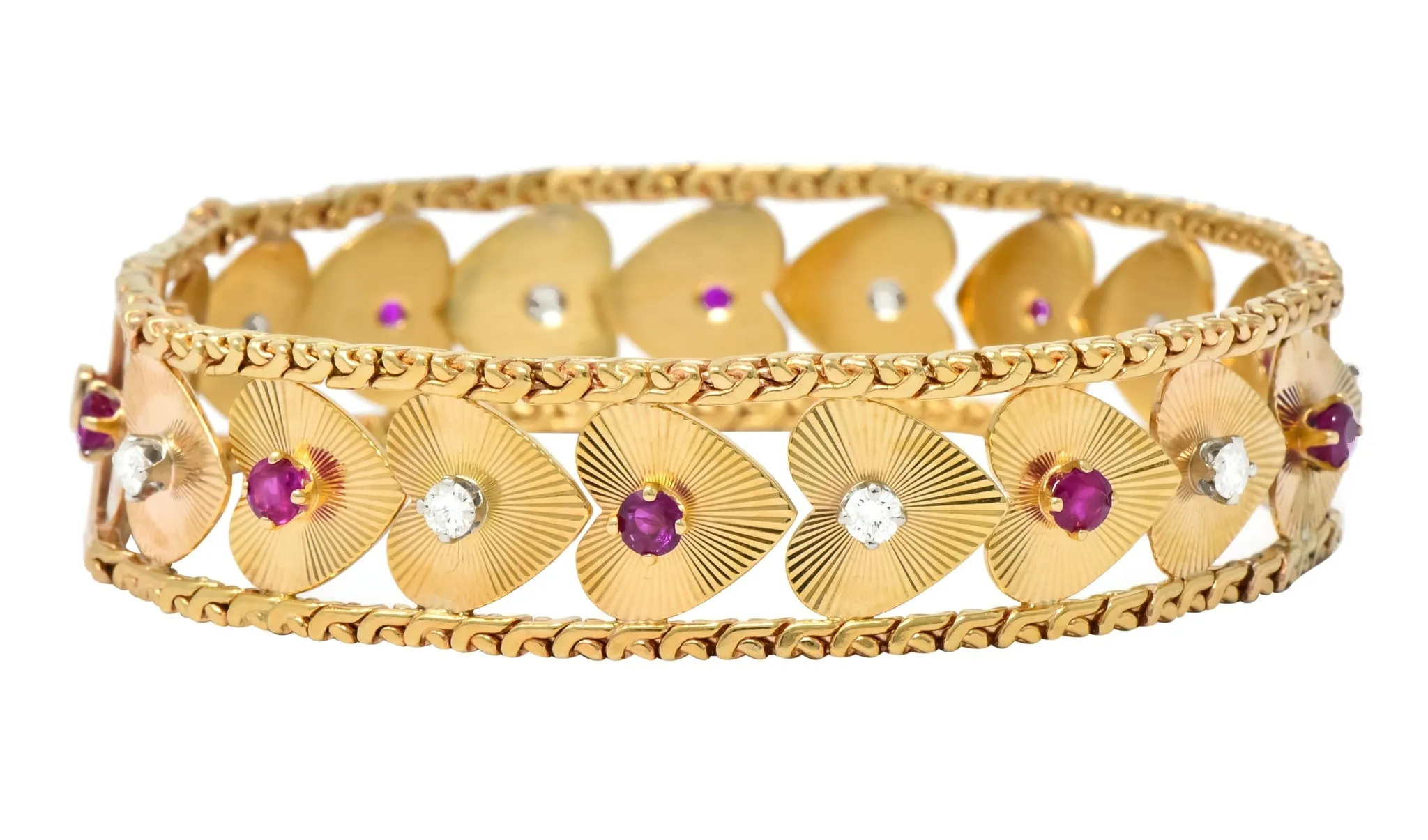 Retro 1.80 CTW Diamond Ruby 14 Karat Gold Heart Bracelet