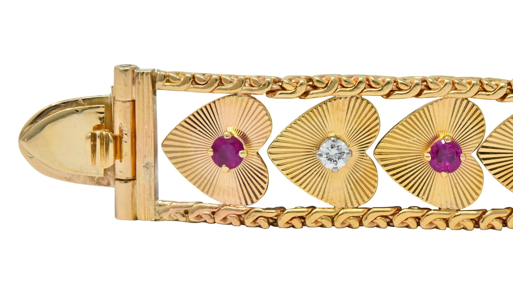 Retro 1.80 CTW Diamond Ruby 14 Karat Gold Heart Bracelet