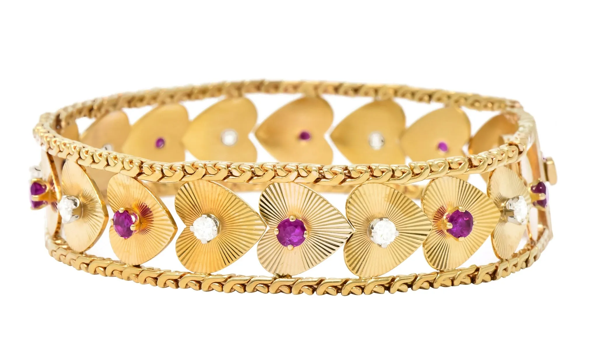 Retro 1.80 CTW Diamond Ruby 14 Karat Gold Heart Bracelet