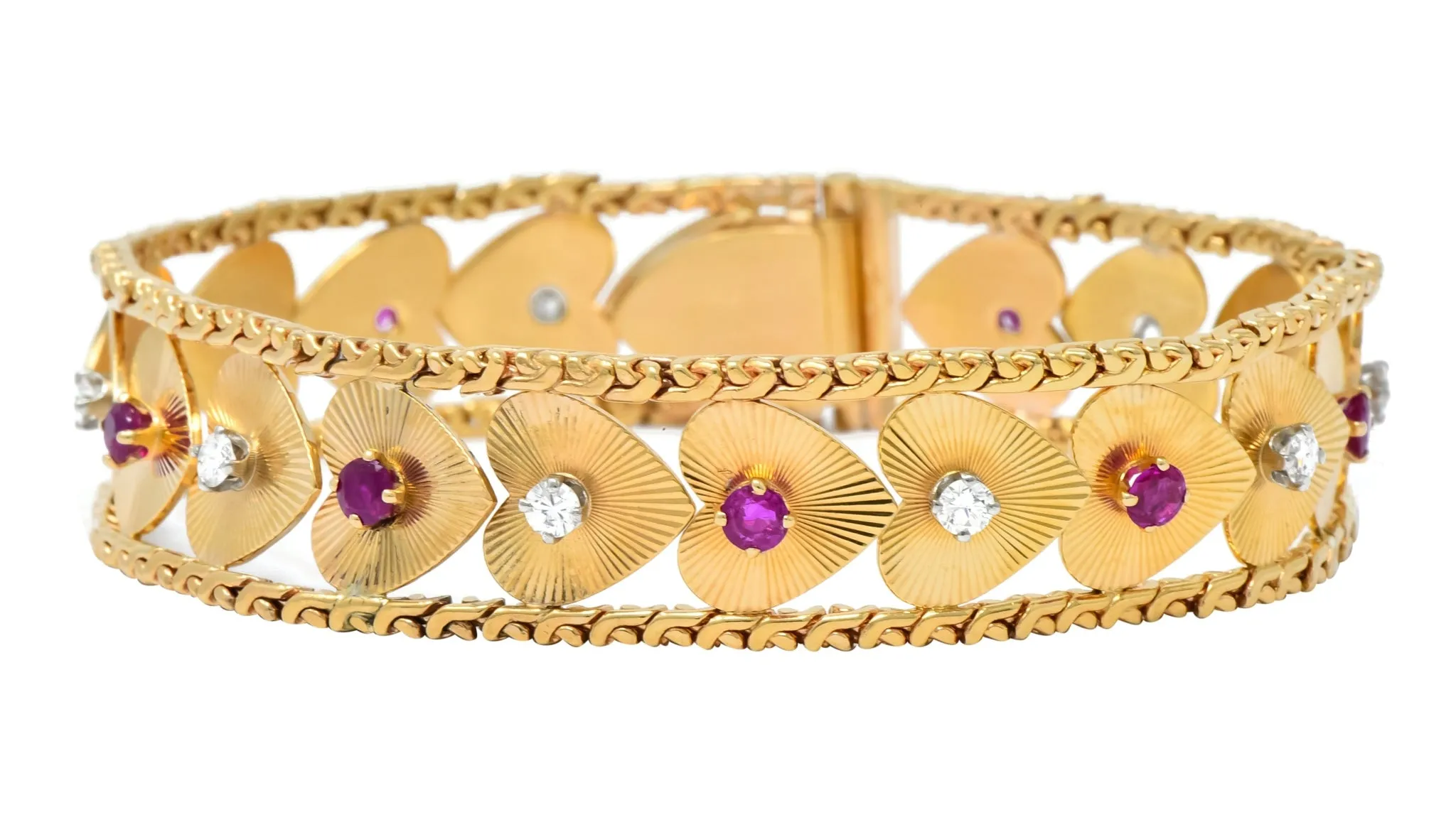 Retro 1.80 CTW Diamond Ruby 14 Karat Gold Heart Bracelet