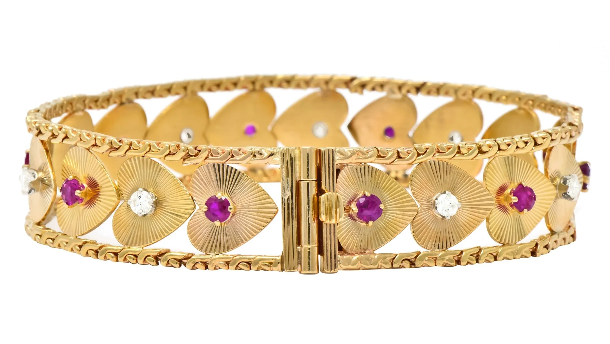 Retro 1.80 CTW Diamond Ruby 14 Karat Gold Heart Bracelet