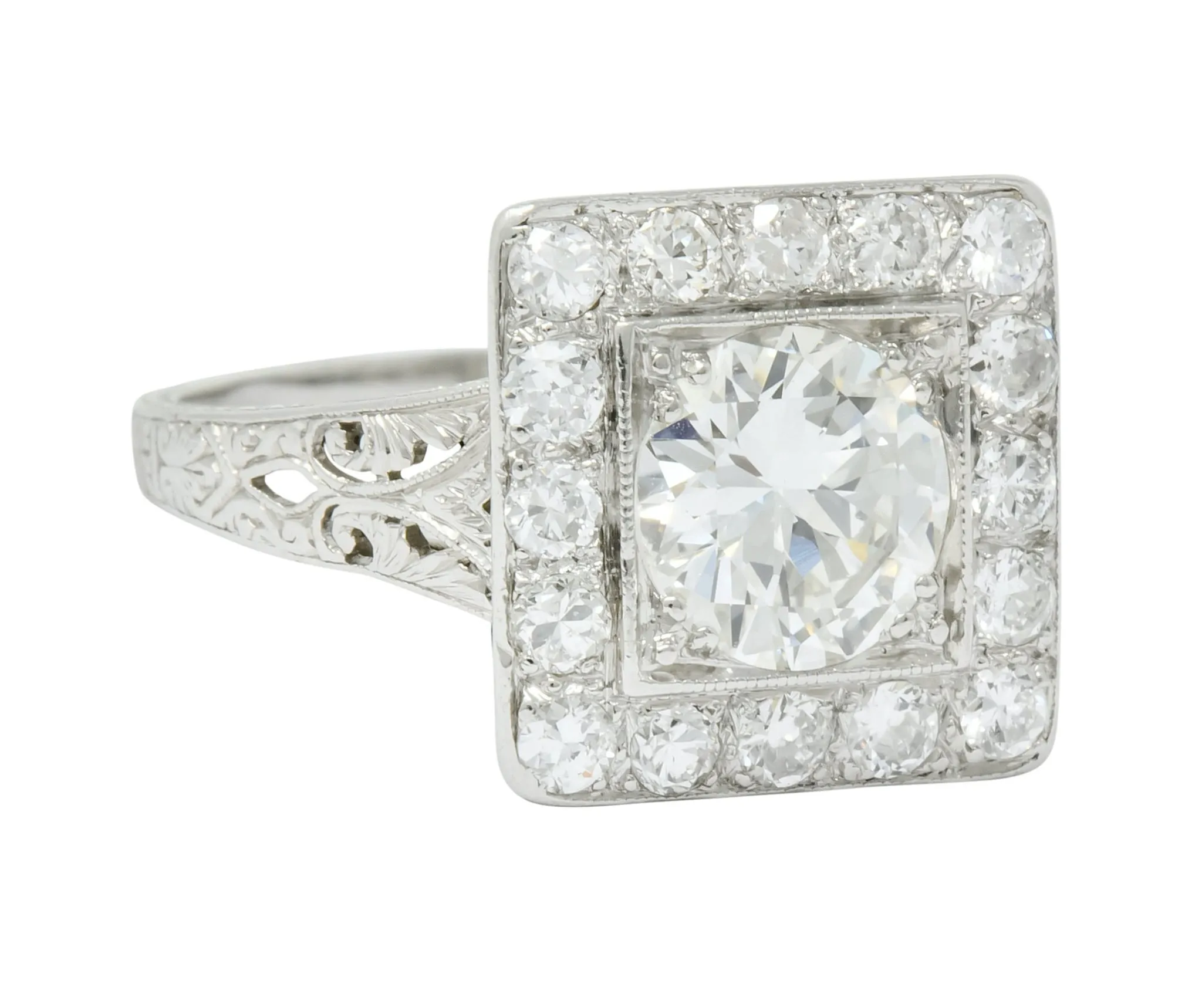 Retro 2.14 CTW Diamond Platinum Square Halo Engagement Ring Circa 1940