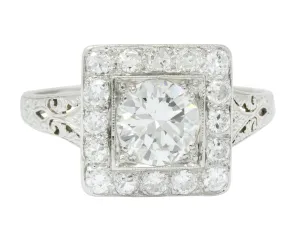 Retro 2.14 CTW Diamond Platinum Square Halo Engagement Ring Circa 1940