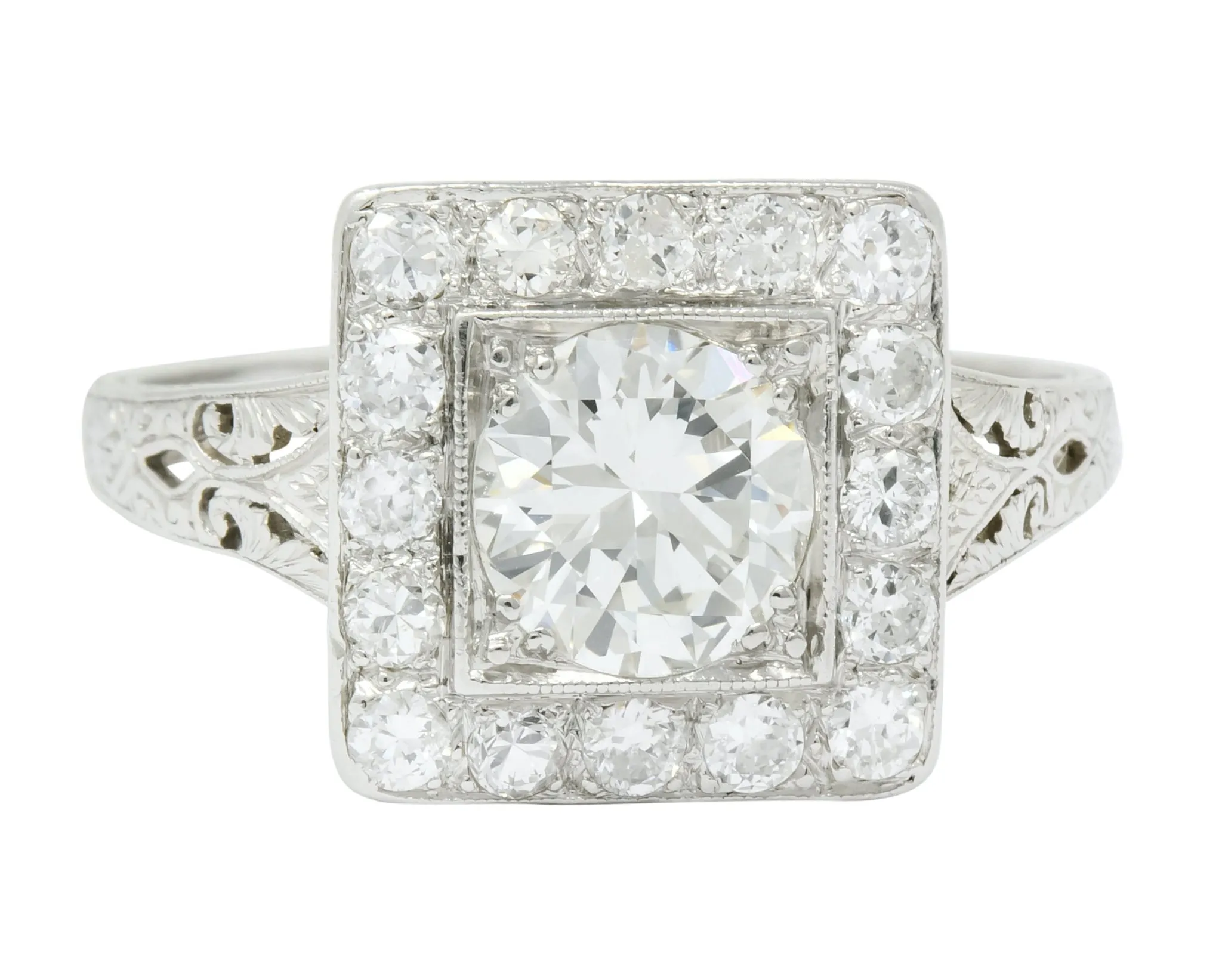 Retro 2.14 CTW Diamond Platinum Square Halo Engagement Ring Circa 1940