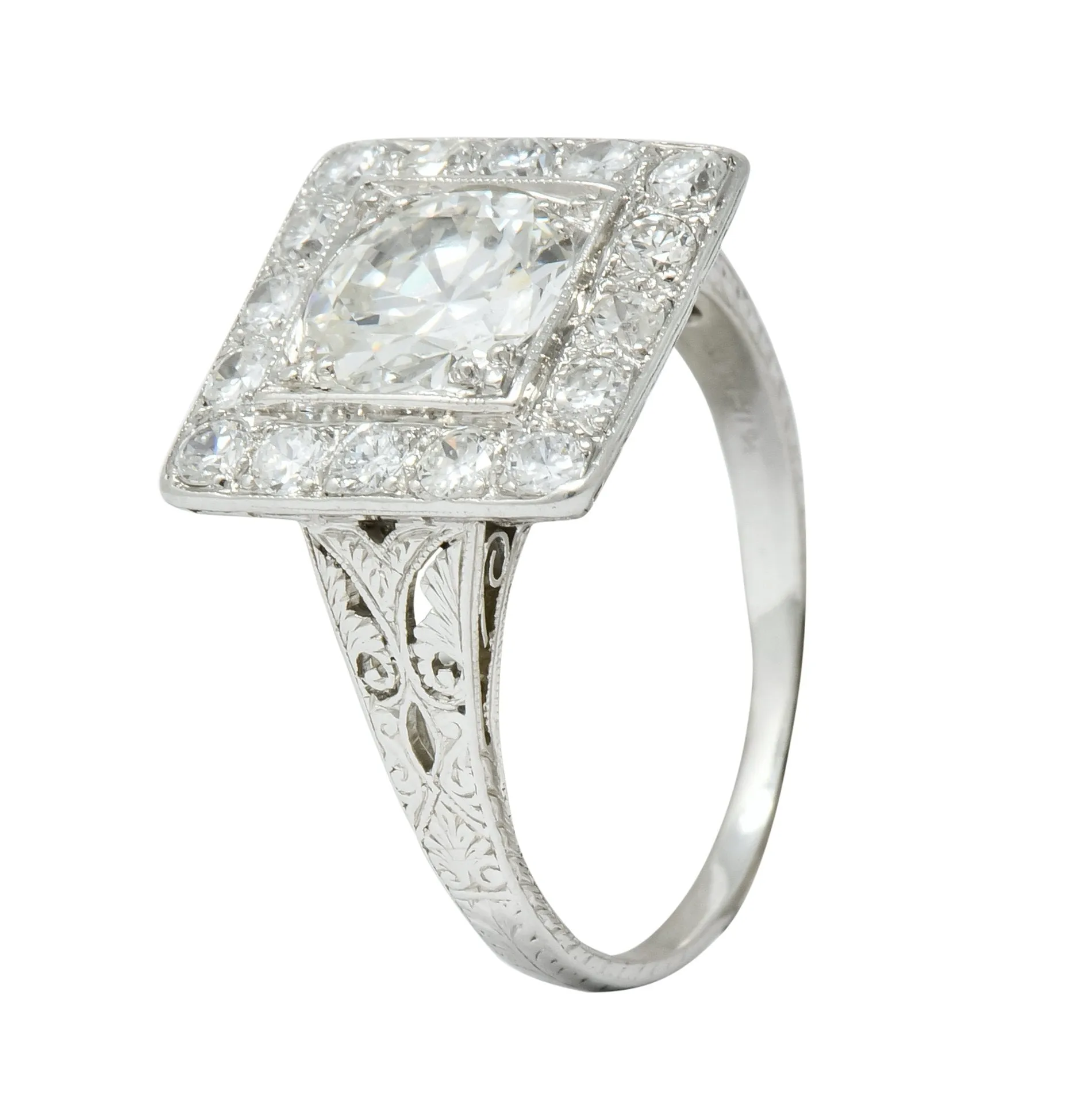 Retro 2.14 CTW Diamond Platinum Square Halo Engagement Ring Circa 1940