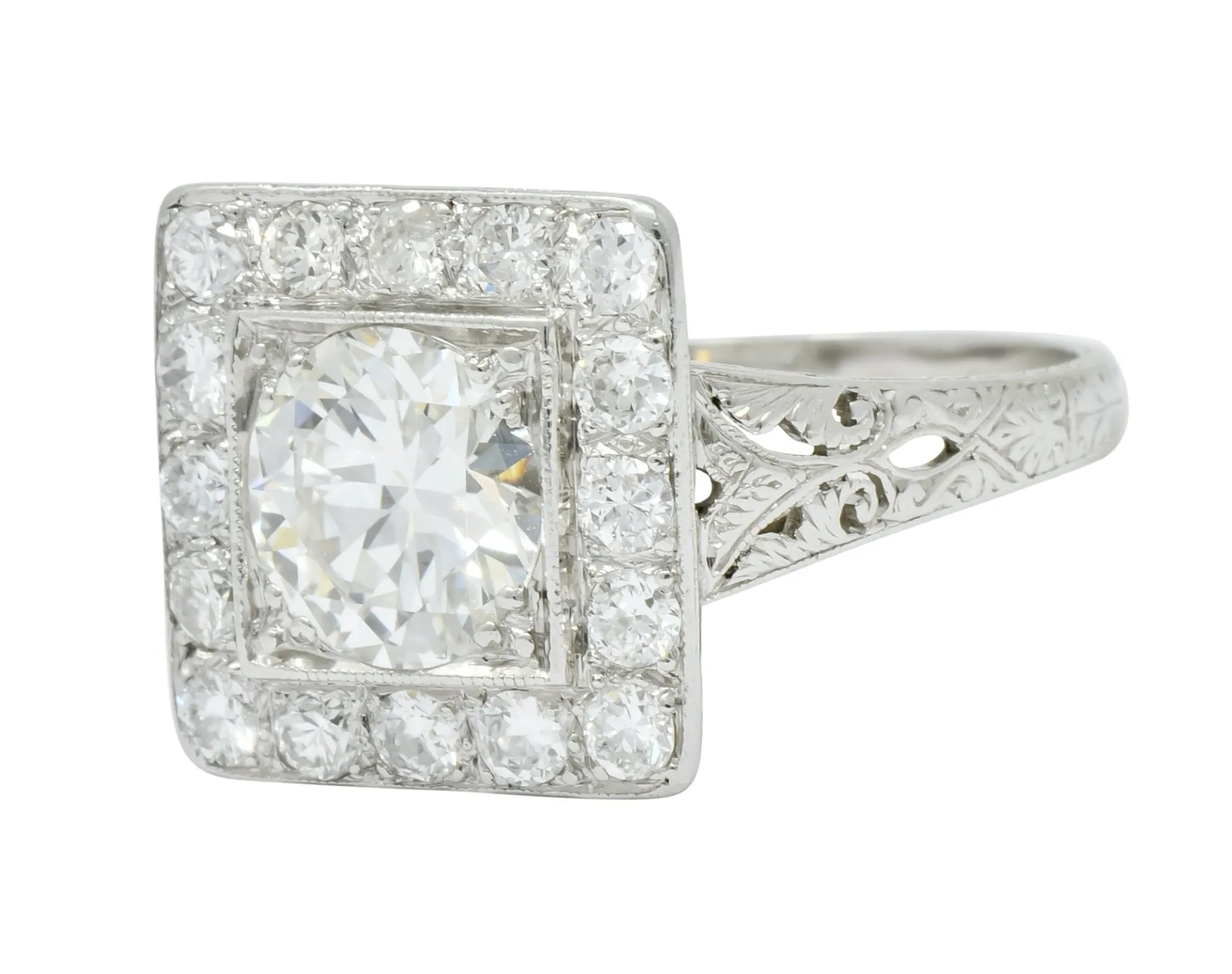 Retro 2.14 CTW Diamond Platinum Square Halo Engagement Ring Circa 1940