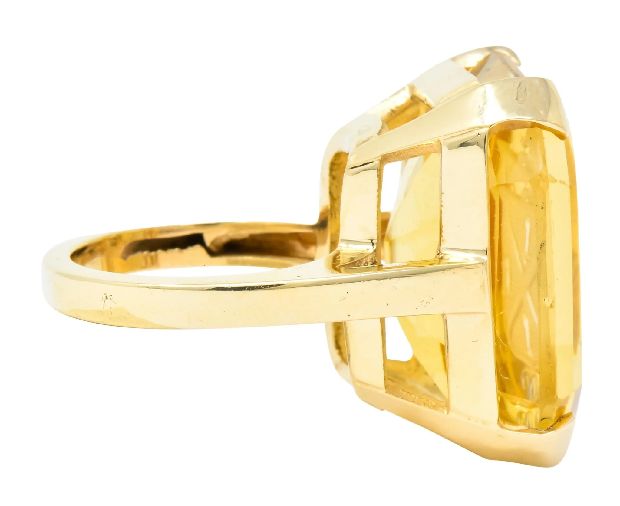 Retro Citrine Intaglio 14 Karat Gold Statement Ring