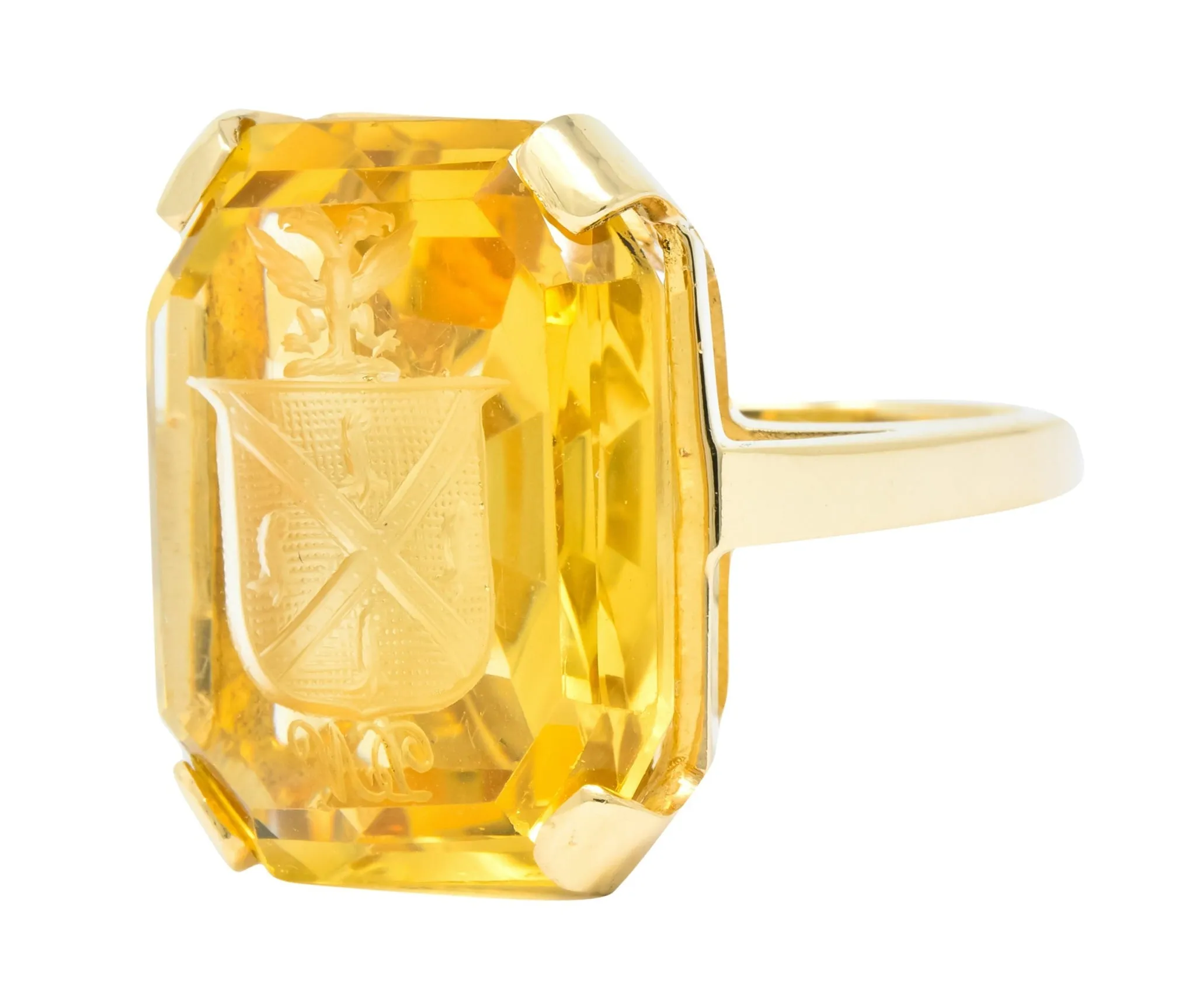 Retro Citrine Intaglio 14 Karat Gold Statement Ring