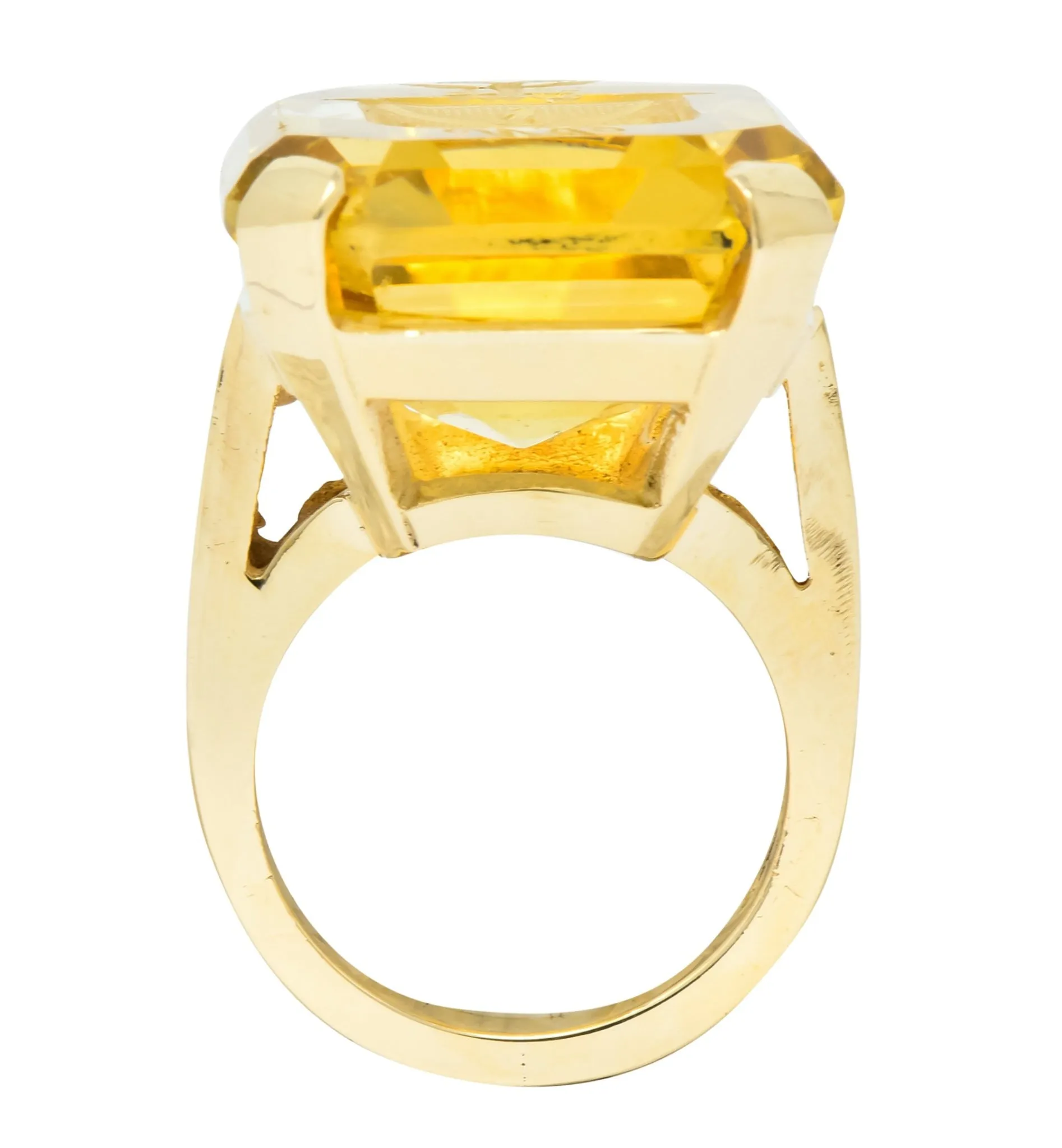 Retro Citrine Intaglio 14 Karat Gold Statement Ring
