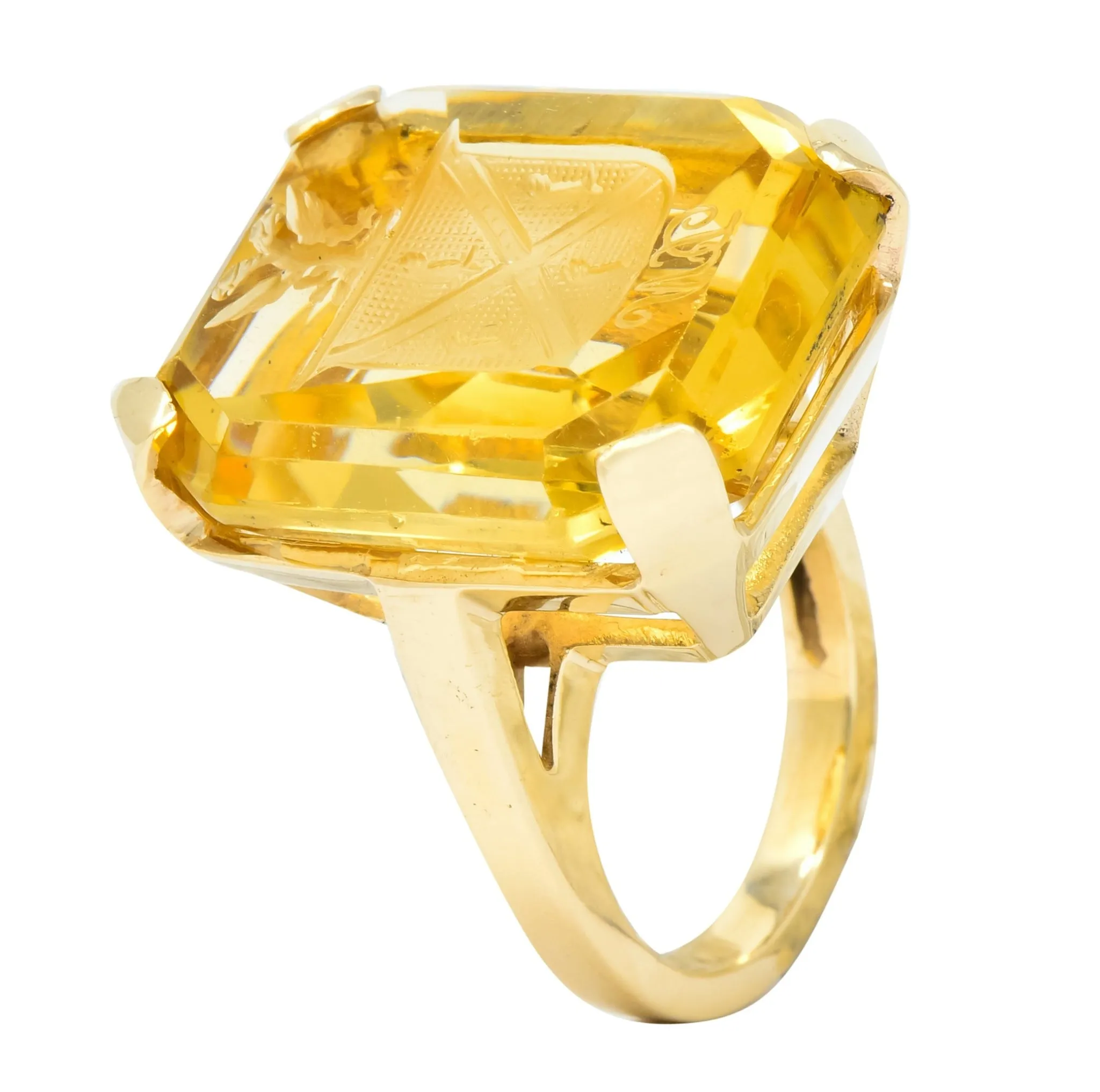 Retro Citrine Intaglio 14 Karat Gold Statement Ring