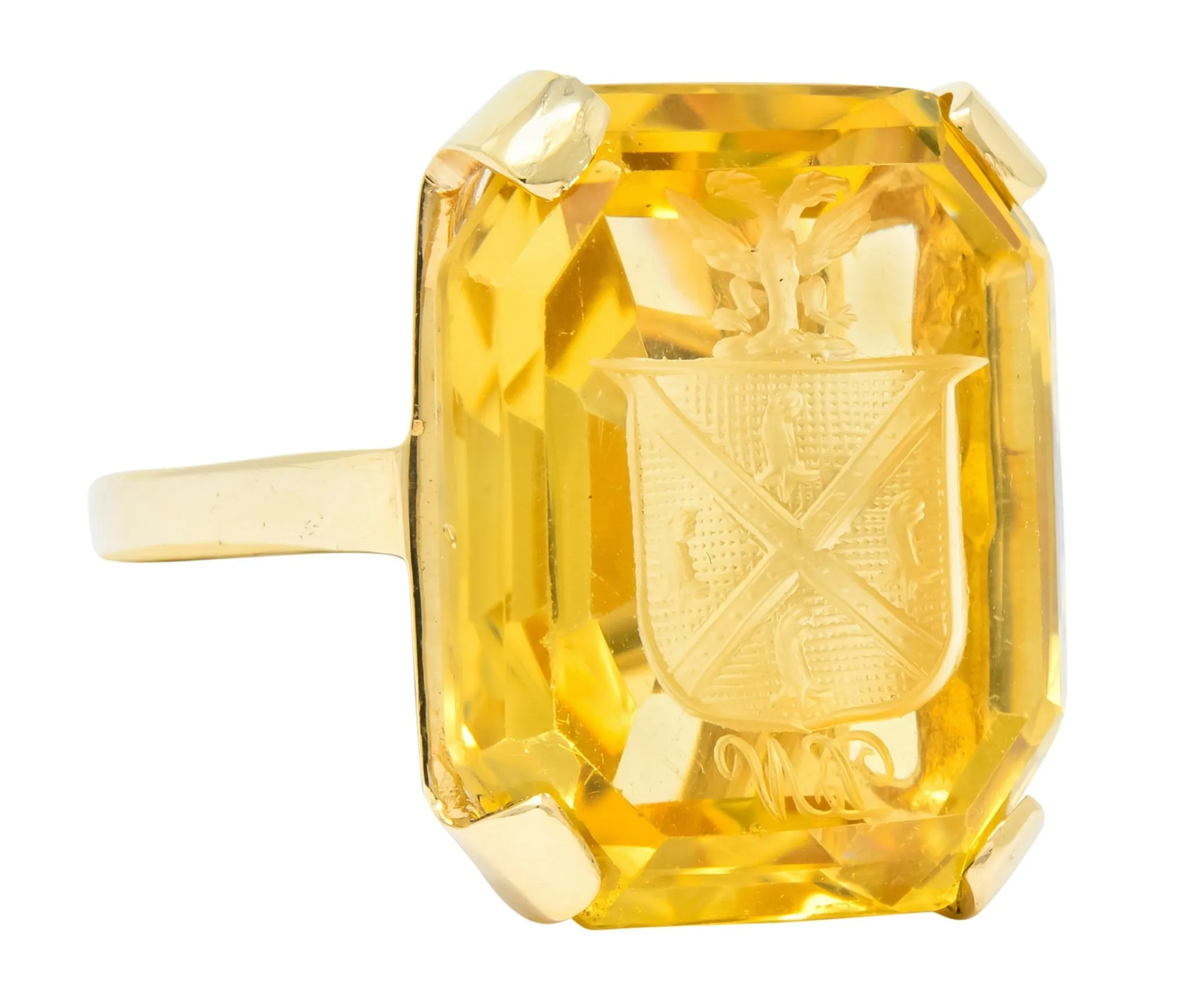 Retro Citrine Intaglio 14 Karat Gold Statement Ring