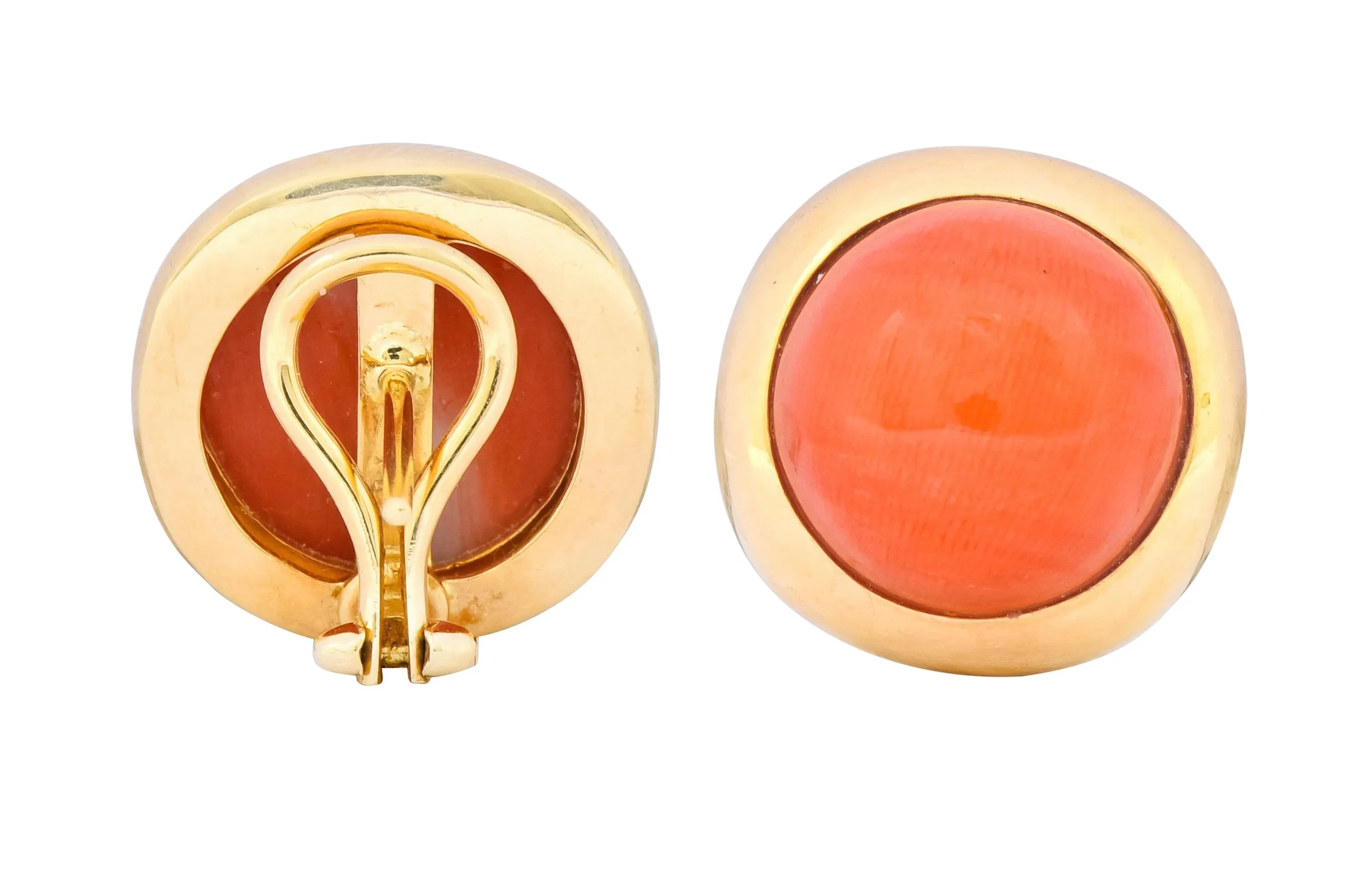 Retro Coral Cabochon 14 Karat Yellow Gold Circular Earrings