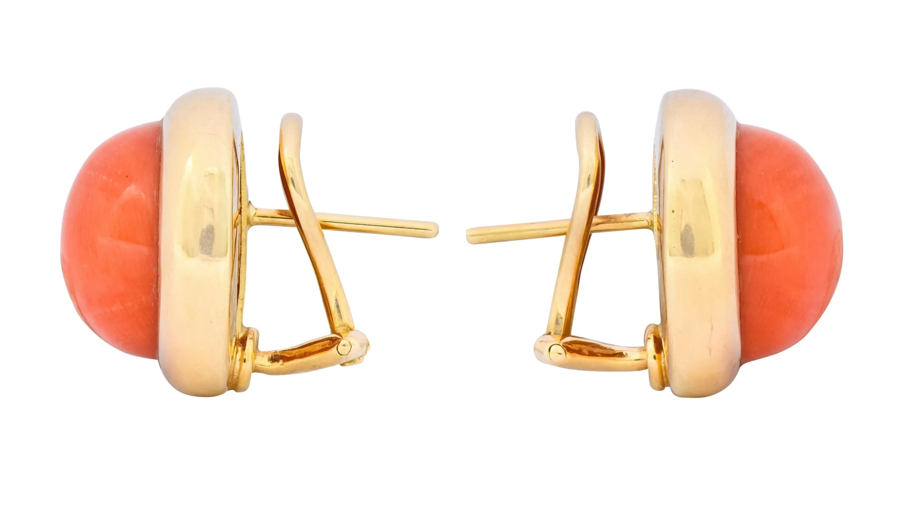 Retro Coral Cabochon 14 Karat Yellow Gold Circular Earrings