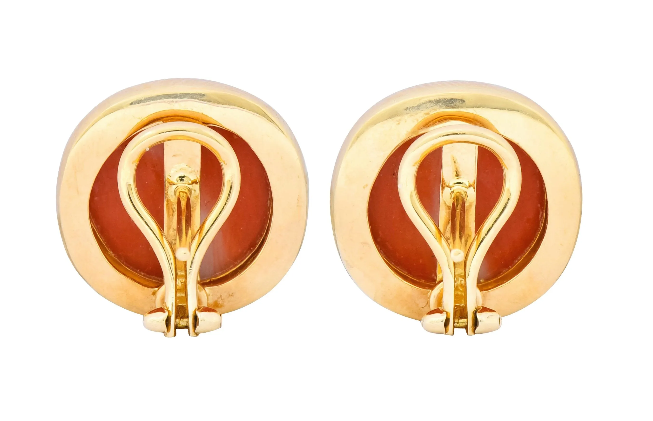 Retro Coral Cabochon 14 Karat Yellow Gold Circular Earrings