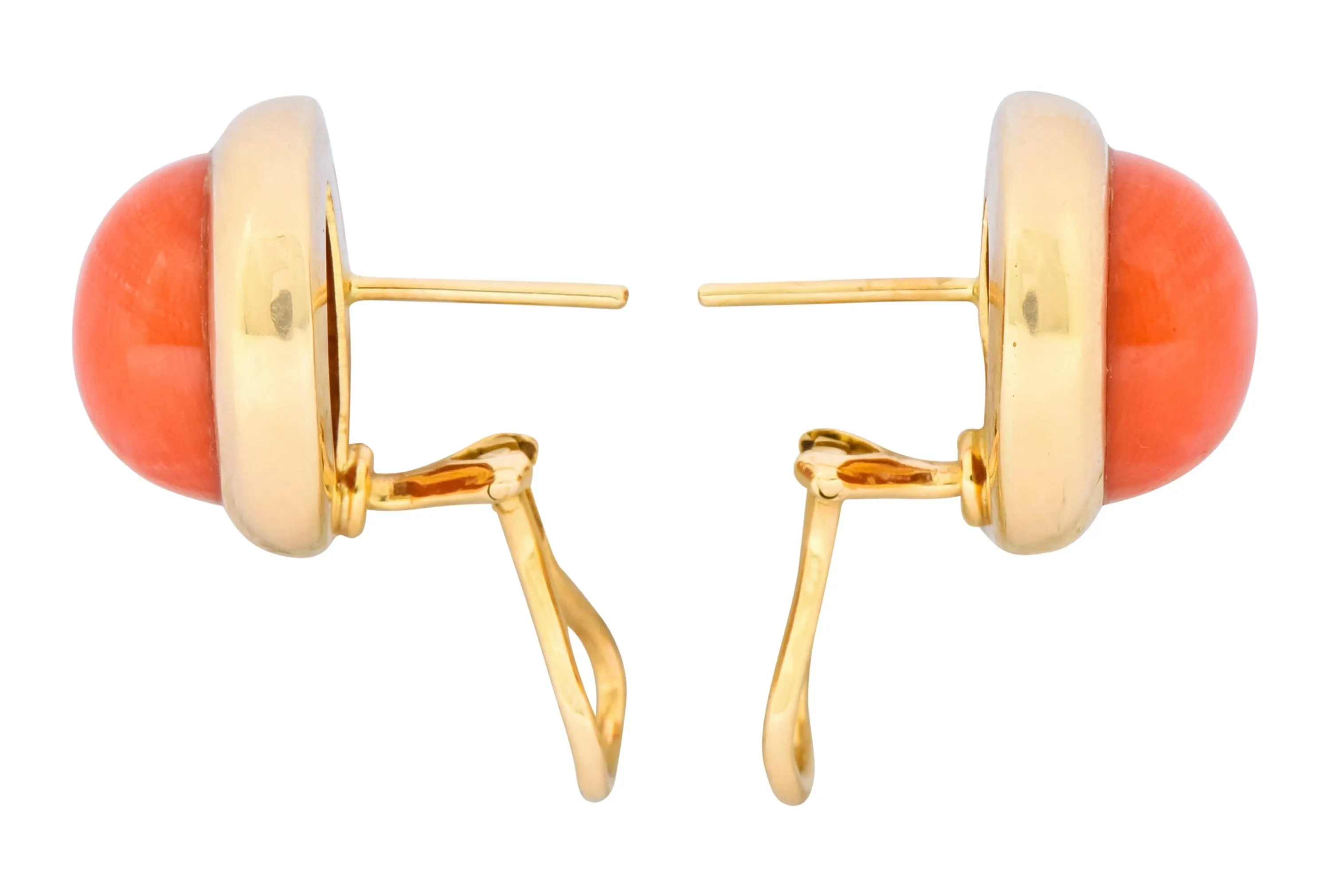 Retro Coral Cabochon 14 Karat Yellow Gold Circular Earrings