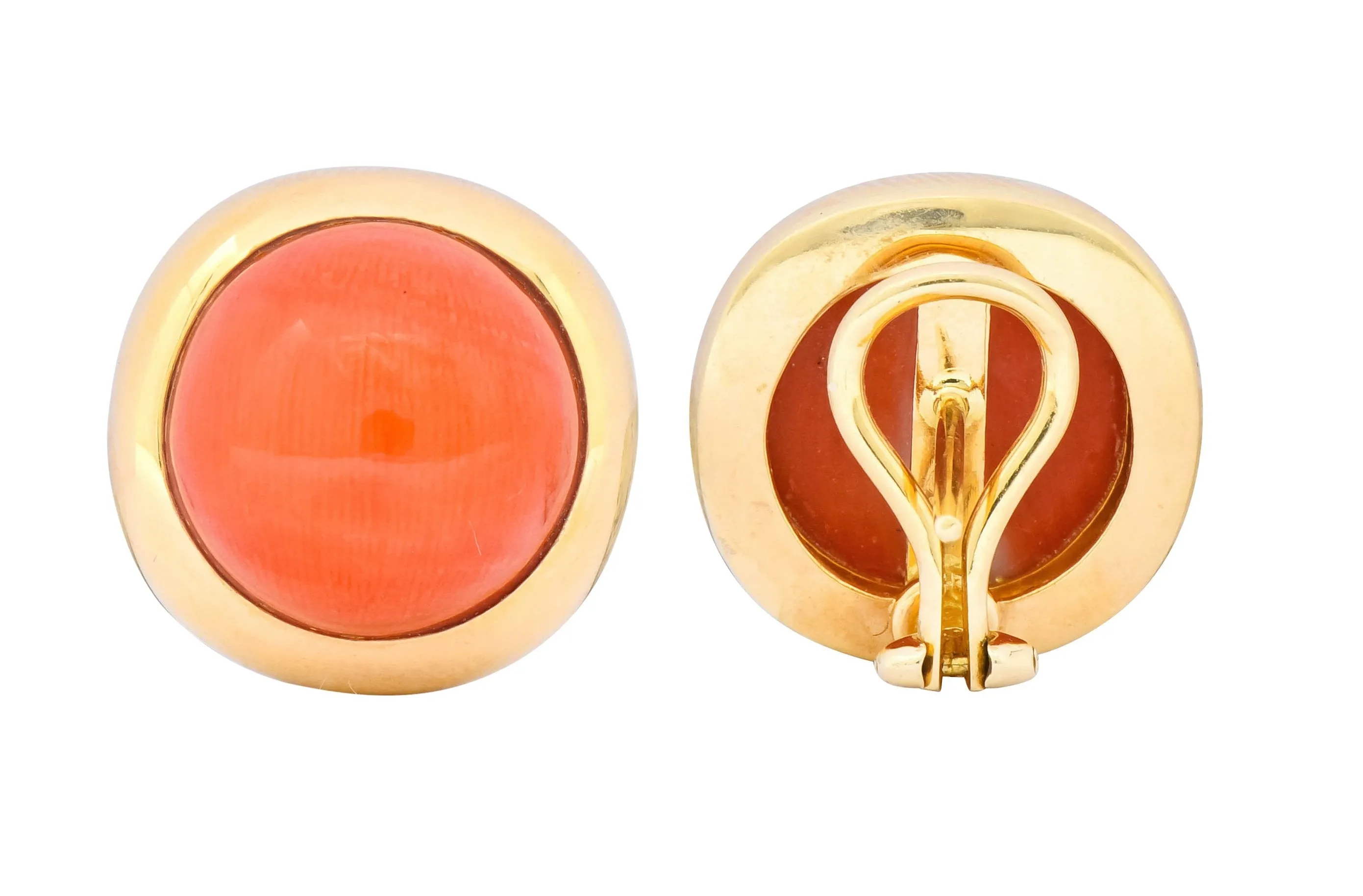 Retro Coral Cabochon 14 Karat Yellow Gold Circular Earrings