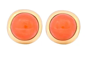 Retro Coral Cabochon 14 Karat Yellow Gold Circular Earrings