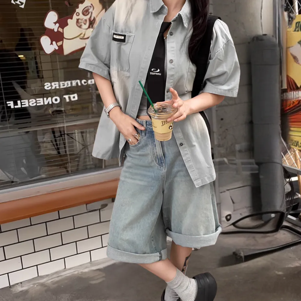 Retro Gradient Tie Denim Shirt