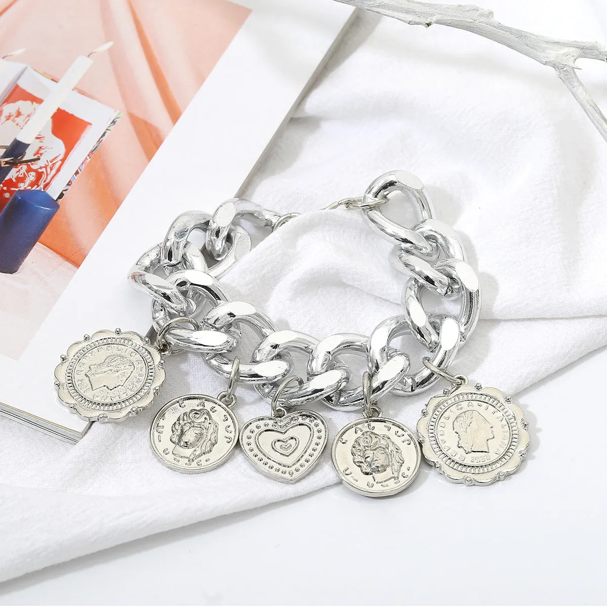 Retro punk exaggerated chain coin ladies bracelet