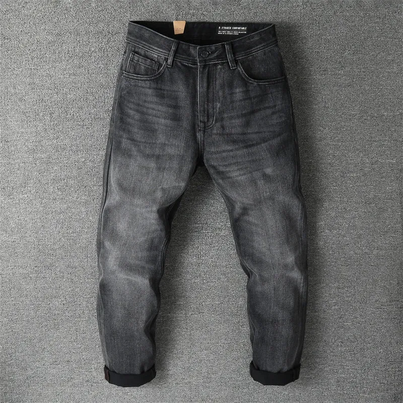 Retro Thick Black Denim Jeans - Men's Fashion Heavyweight Washed Old Loose Casual Straight Pants