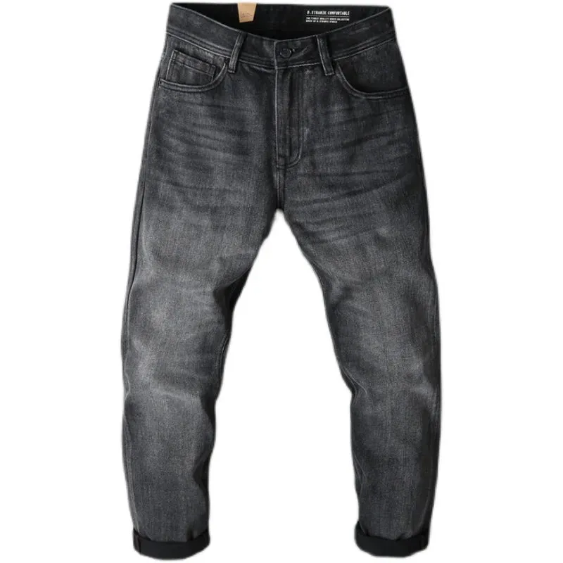 Retro Thick Black Denim Jeans - Men's Fashion Heavyweight Washed Old Loose Casual Straight Pants