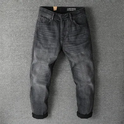 Retro Thick Black Denim Jeans - Men's Fashion Heavyweight Washed Old Loose Casual Straight Pants