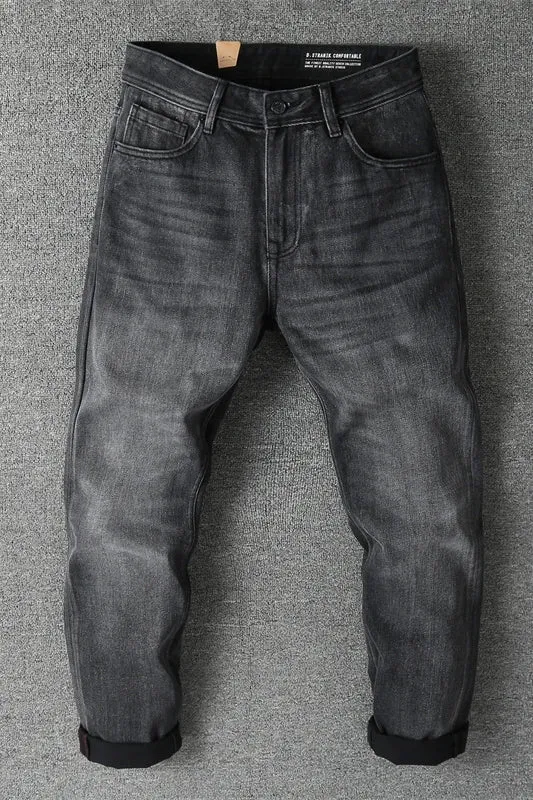 Retro Thick Black Denim Jeans - Men's Fashion Heavyweight Washed Old Loose Casual Straight Pants