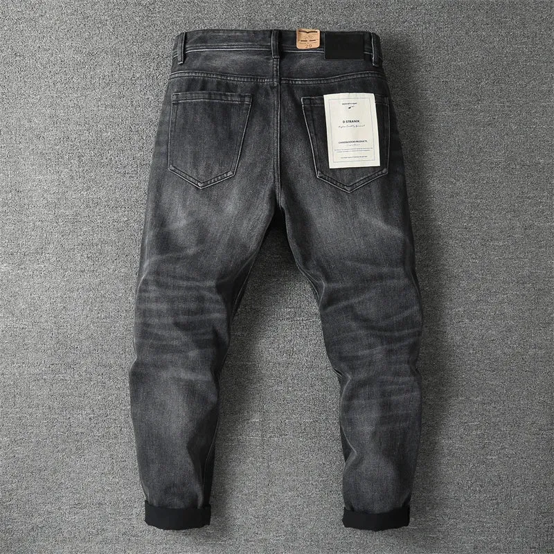 Retro Thick Black Denim Jeans - Men's Fashion Heavyweight Washed Old Loose Casual Straight Pants