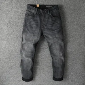 Retro Thick Black Denim Jeans - Men's Fashion Heavyweight Washed Old Loose Casual Straight Pants