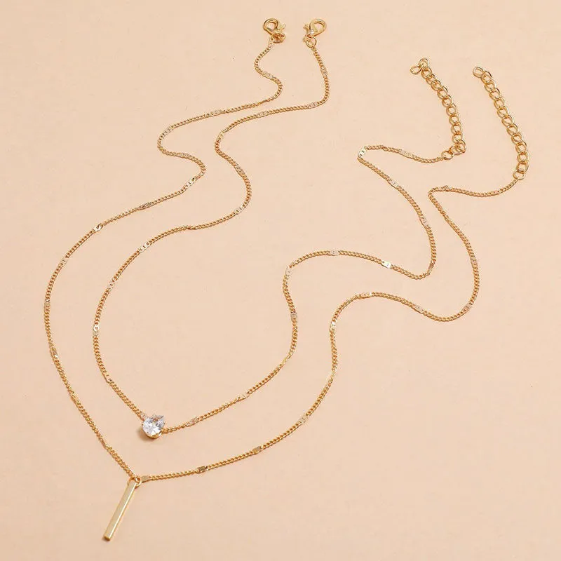 Rhinestone Layered Pendant Chain Necklace