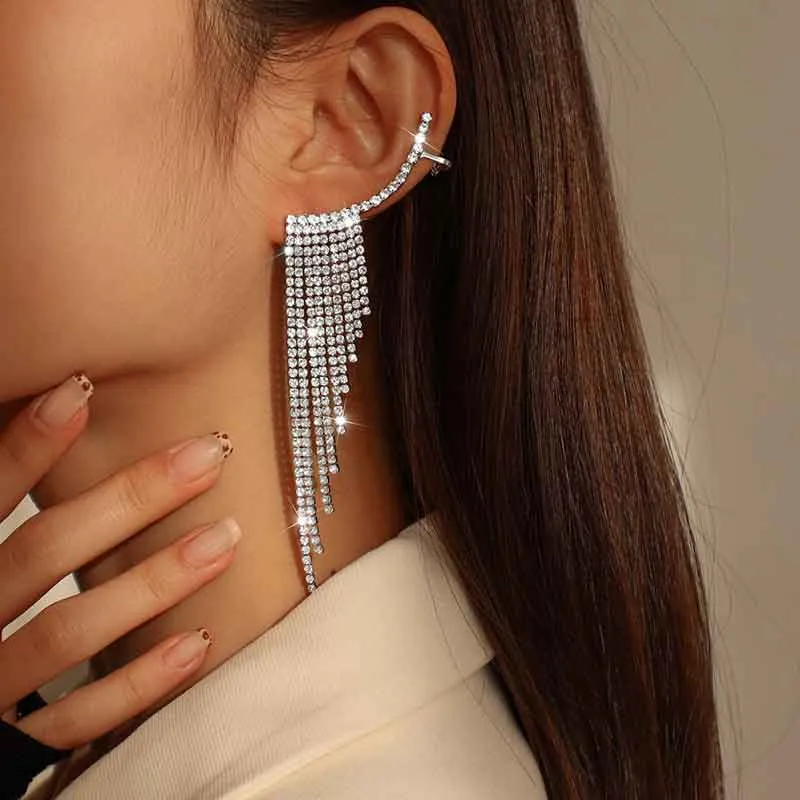 Rhinestone Tassel Design Earrings