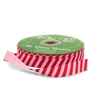 Ribbon- 5/8 Inch Modern Diagonal Striped Grosgrain Ribbon with Woven Edge Fuchsia/Pink - 787-58
