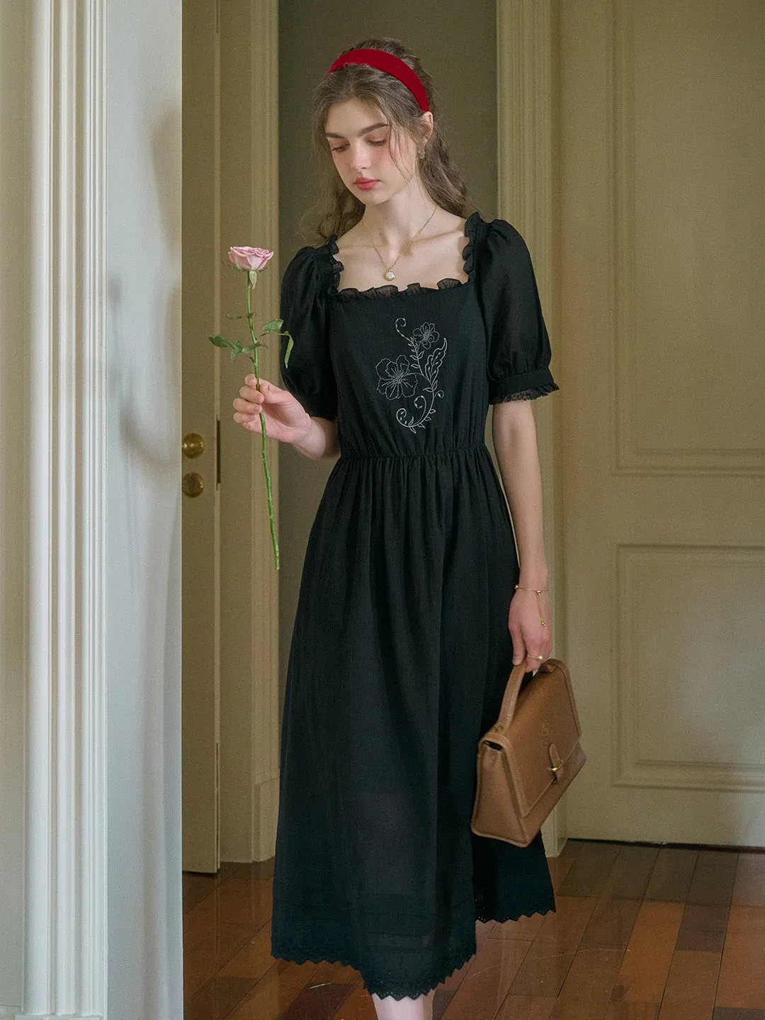 Rina Square Neck Embroidery Dress