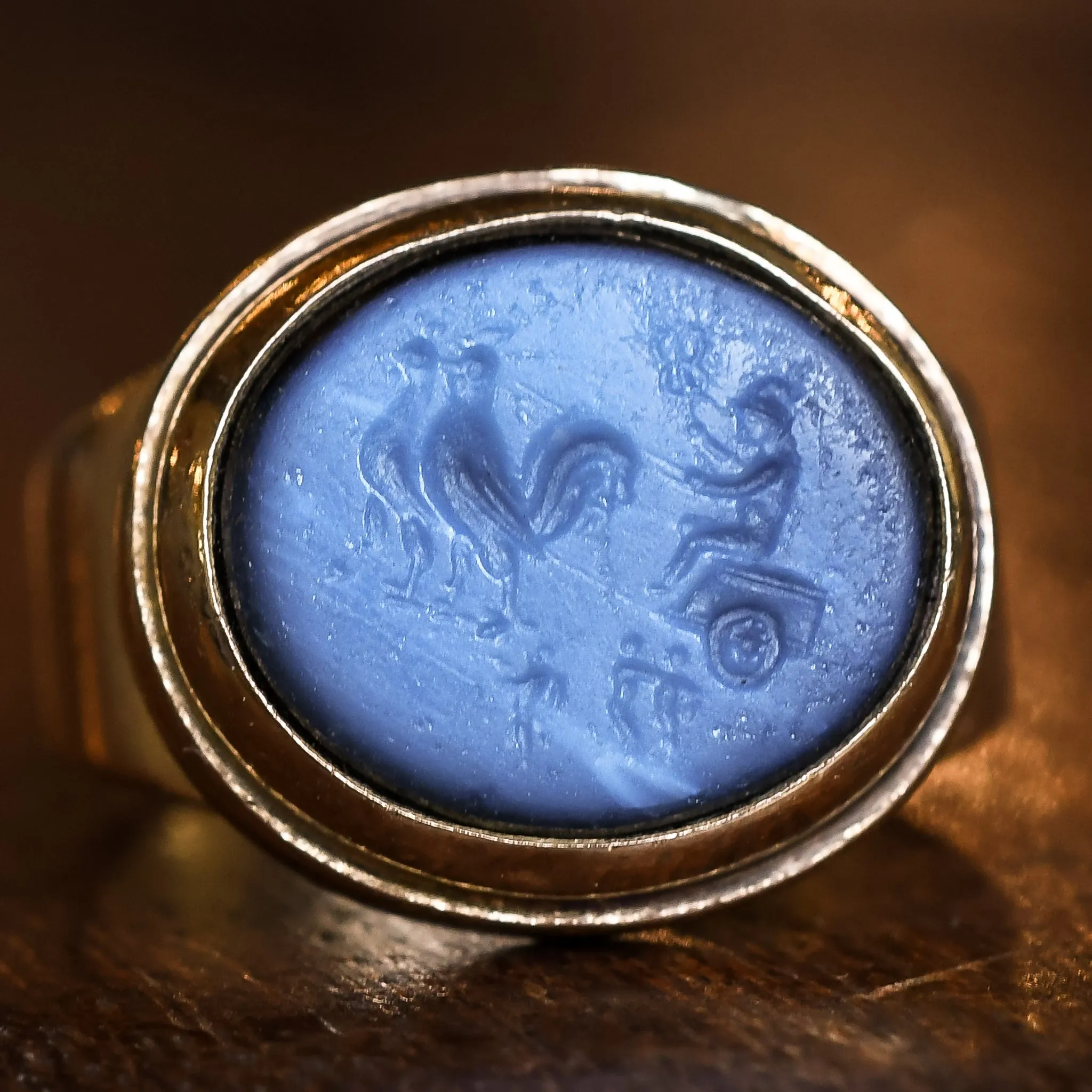 Roman "Hermes & Rooster Chariot" Nicolo Intaglio Signet Ring