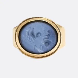 Roman "Hermes & Rooster Chariot" Nicolo Intaglio Signet Ring