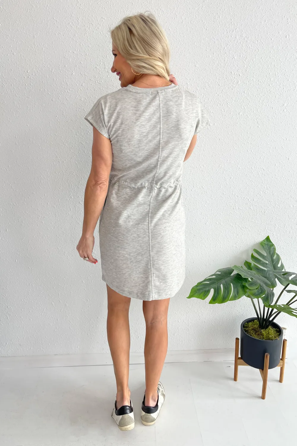 Round Neck Cap Sleeve Drawstring T-Shirt Dress