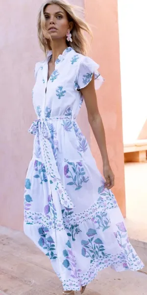 Ruffle Collar Button Maxi Dress in Paladio Teal