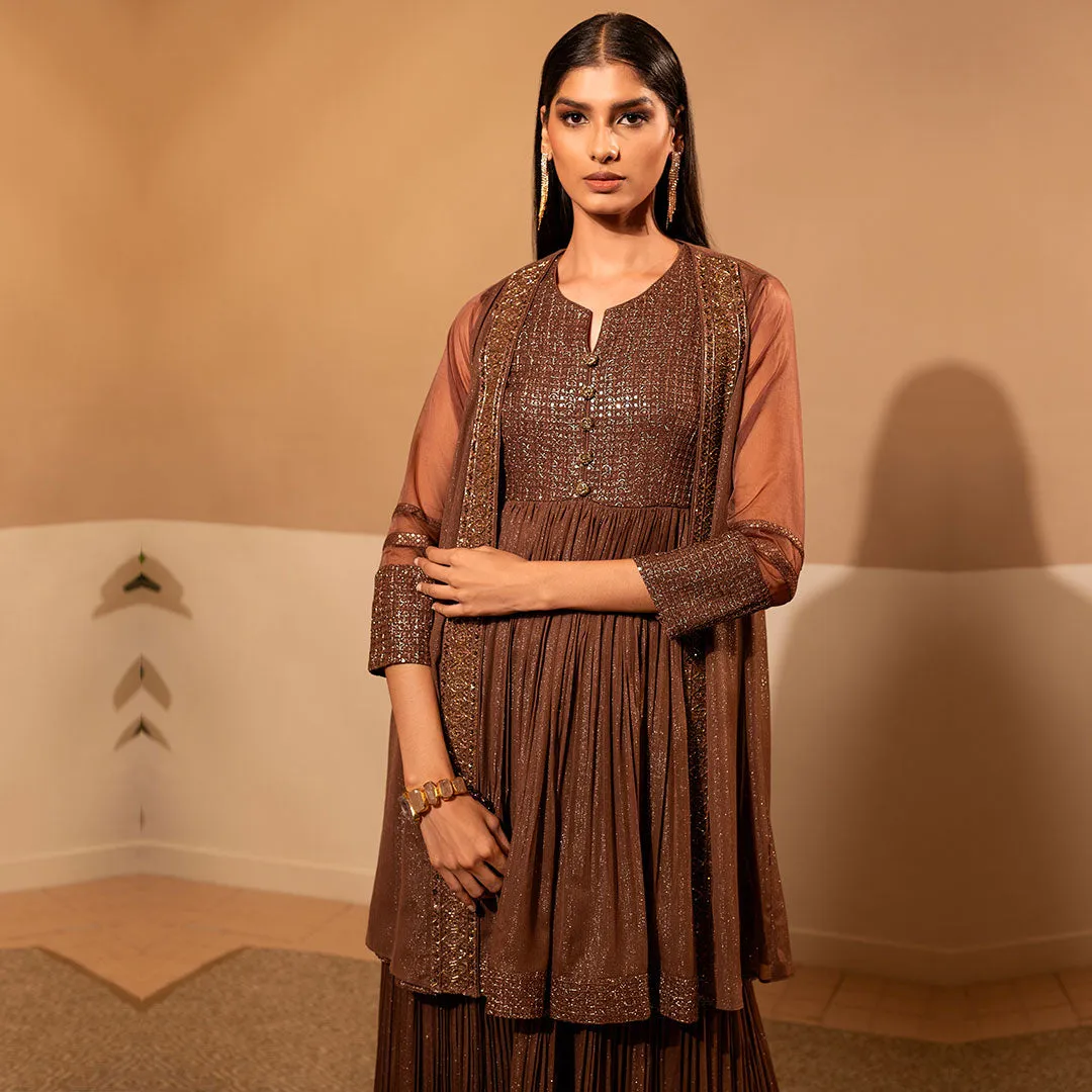 Rustic Brown Pleated Dress With Shrug