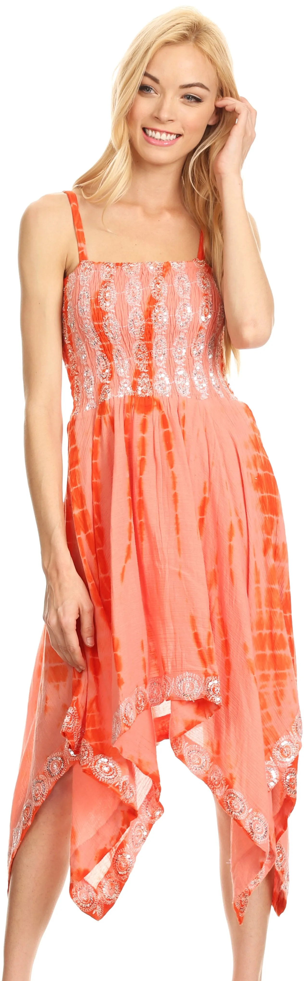 Sakkas Endea Tie Dye Smocked Bodice Hi-Low Handkerchief Hem Dress