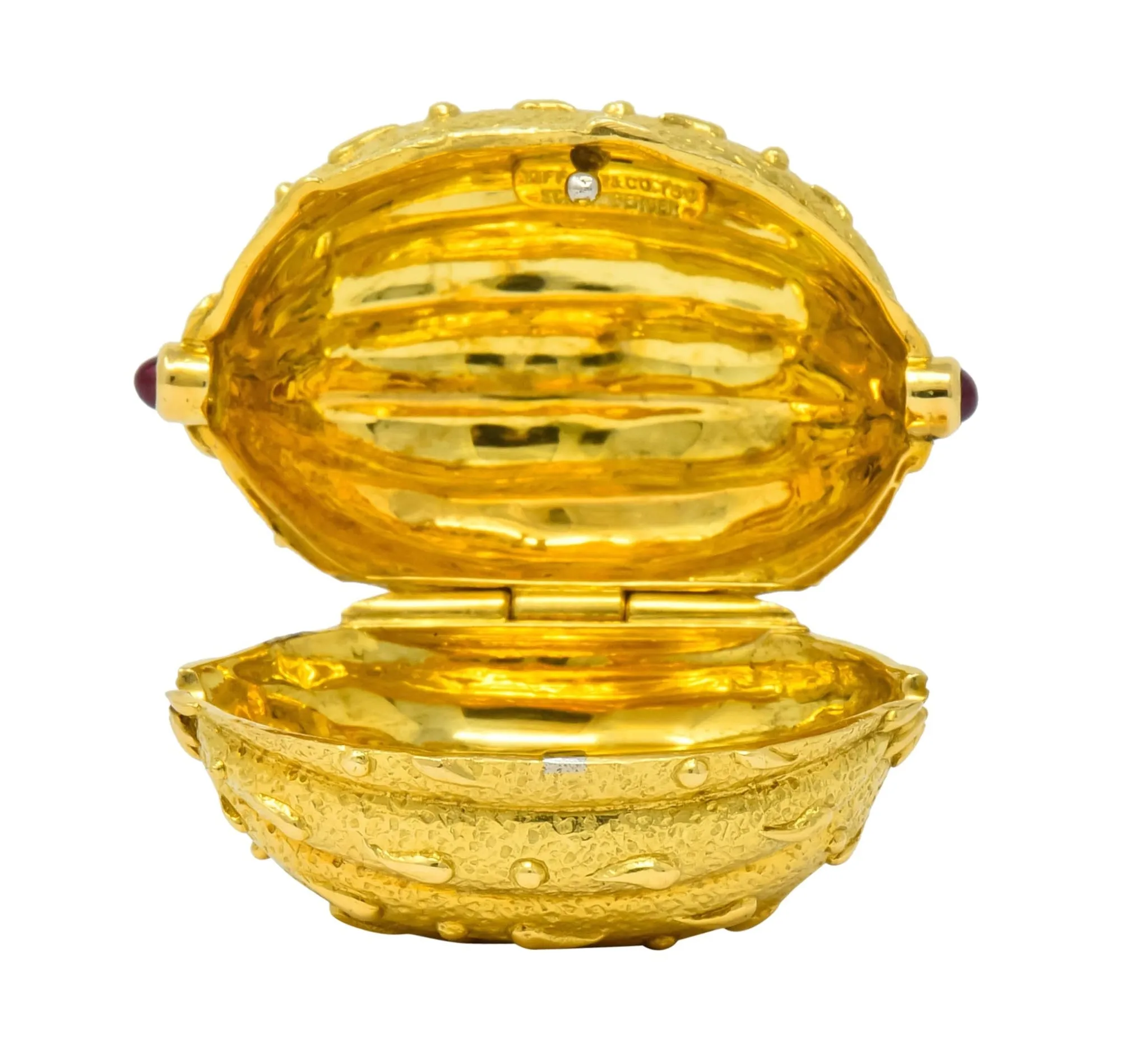 Schlumberger Tiffany & Co. Ruby 18 Karat Gold Walnut Pill Box Circa 1960