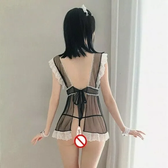 Sexy Women Lingerie Maid Dress Perspective Cosplay Lace Backless Nightwear